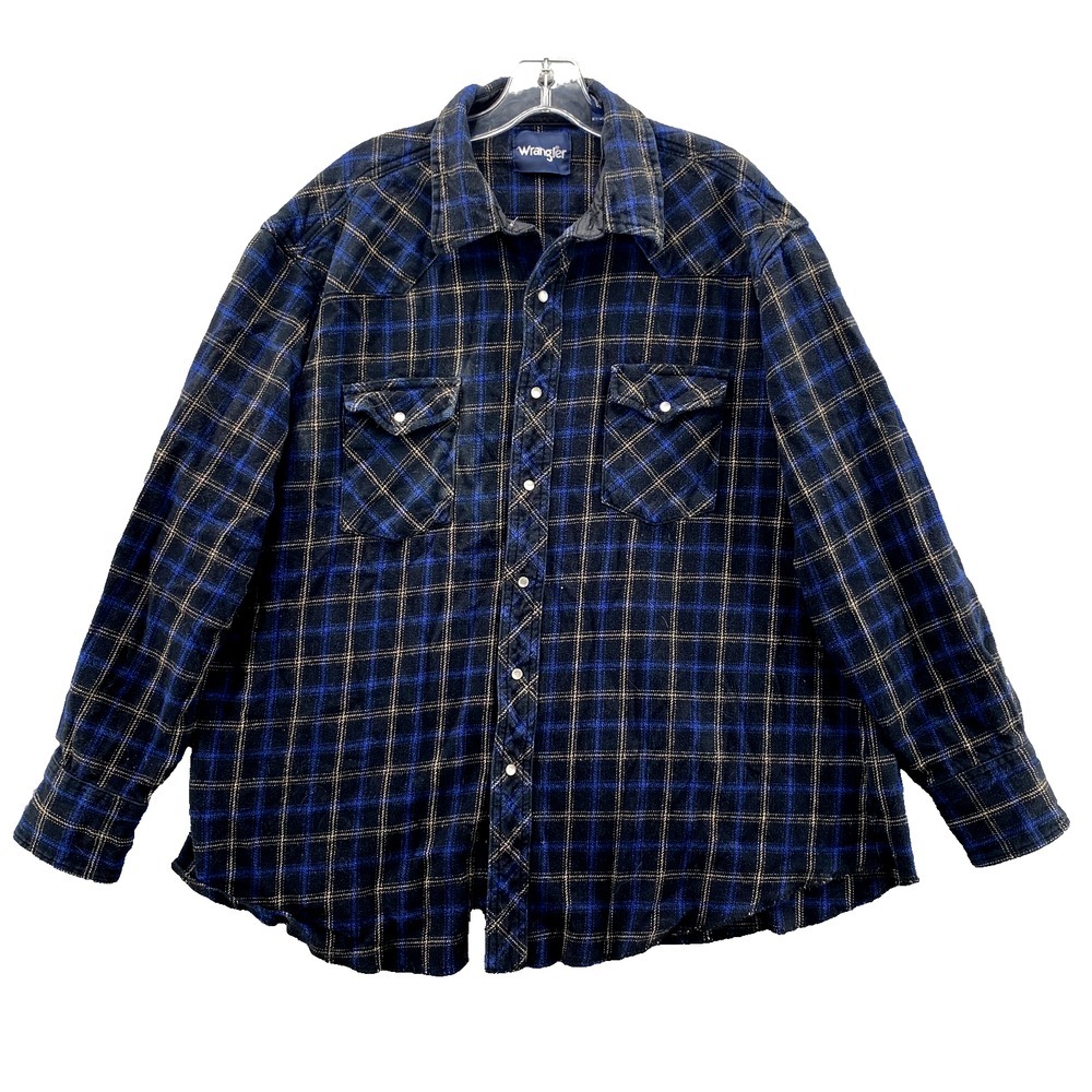 Wrangler Western Flannel Men's XXL Blue Pearl Snap Plaid Workwear Rodeo Cowboy